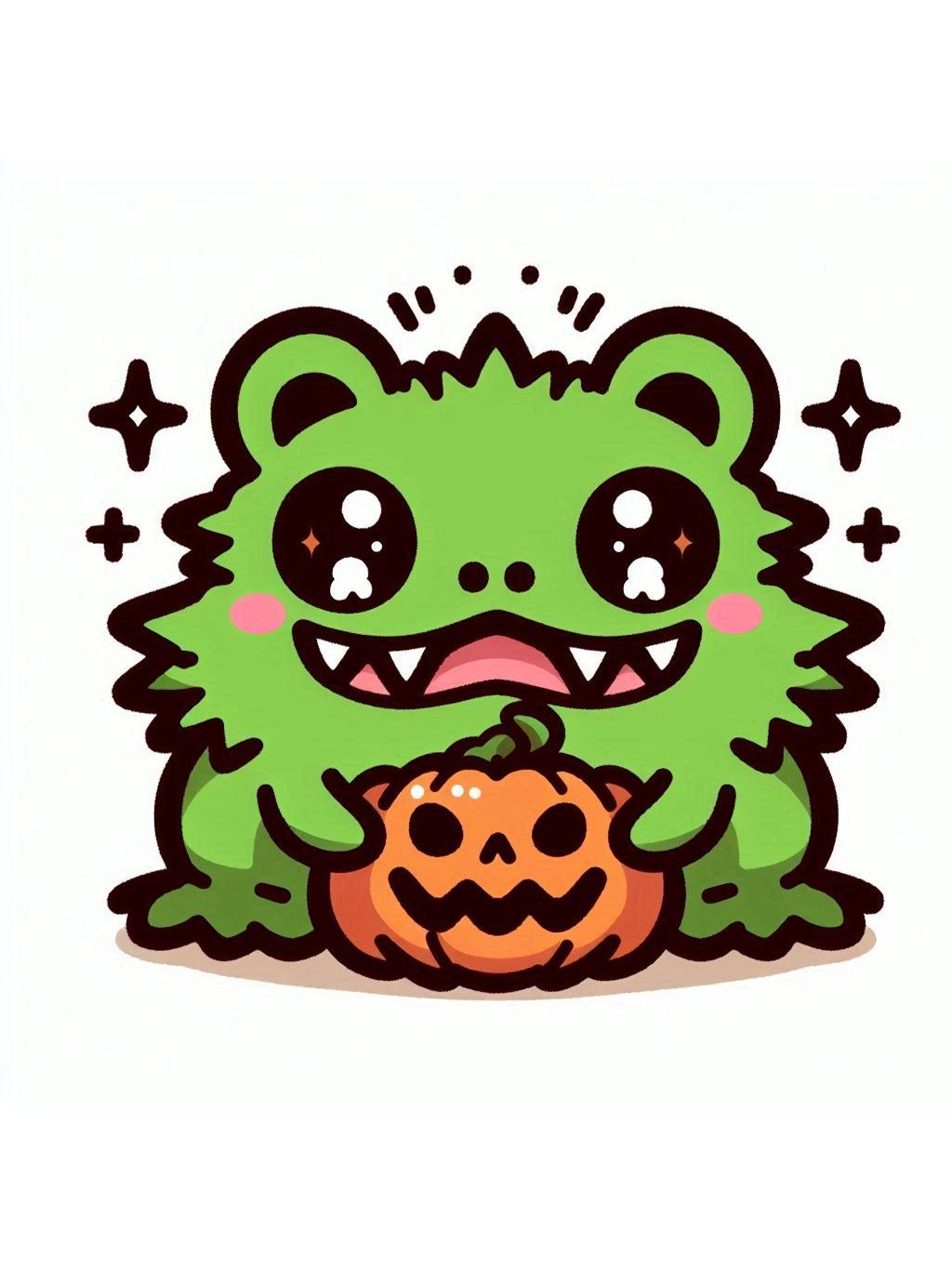 halloween frog drawing ideas: A plump, adorable frog in a werewolf costume holding a pumpkin.
